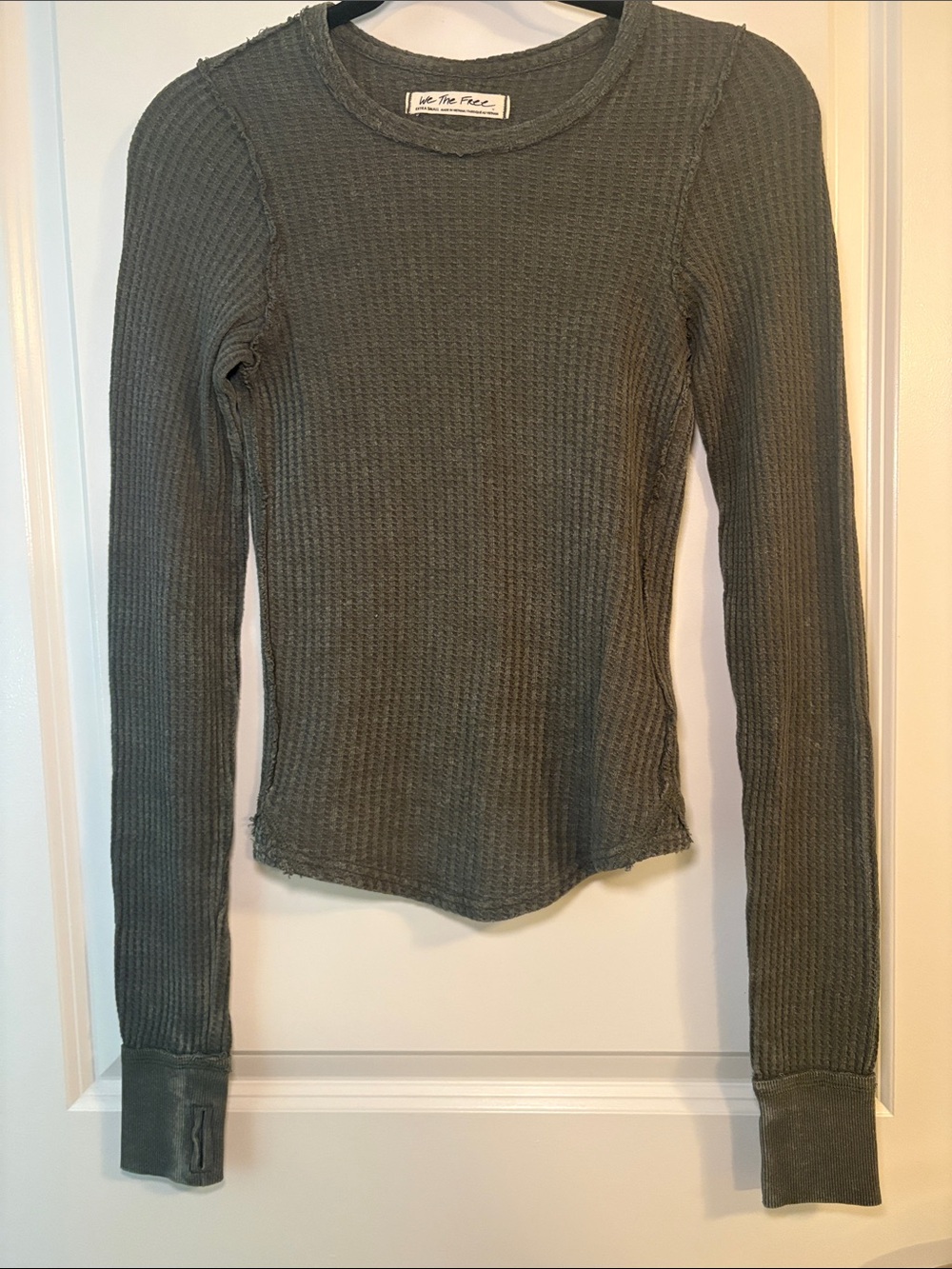 We The Free Olive Ribbed Waffle Knit Long Sleeve Top XSmall 100% Cotton